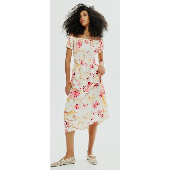 NWT H & M Cotton Viscose Blend Floral Smocked Off Shoulder Midi Dress Cream Sz L - Picture 1 of 7